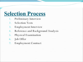 Selection Process Preliminary Interview Selection Tests Employment Interview Reference and Background Analysis Physical Examination Job Offer Employment Contract 