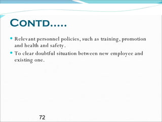 Contd..... Relevant personnel policies, such as training, promotion and health and safety. To clear doubtful situation between new employee and existing one. 