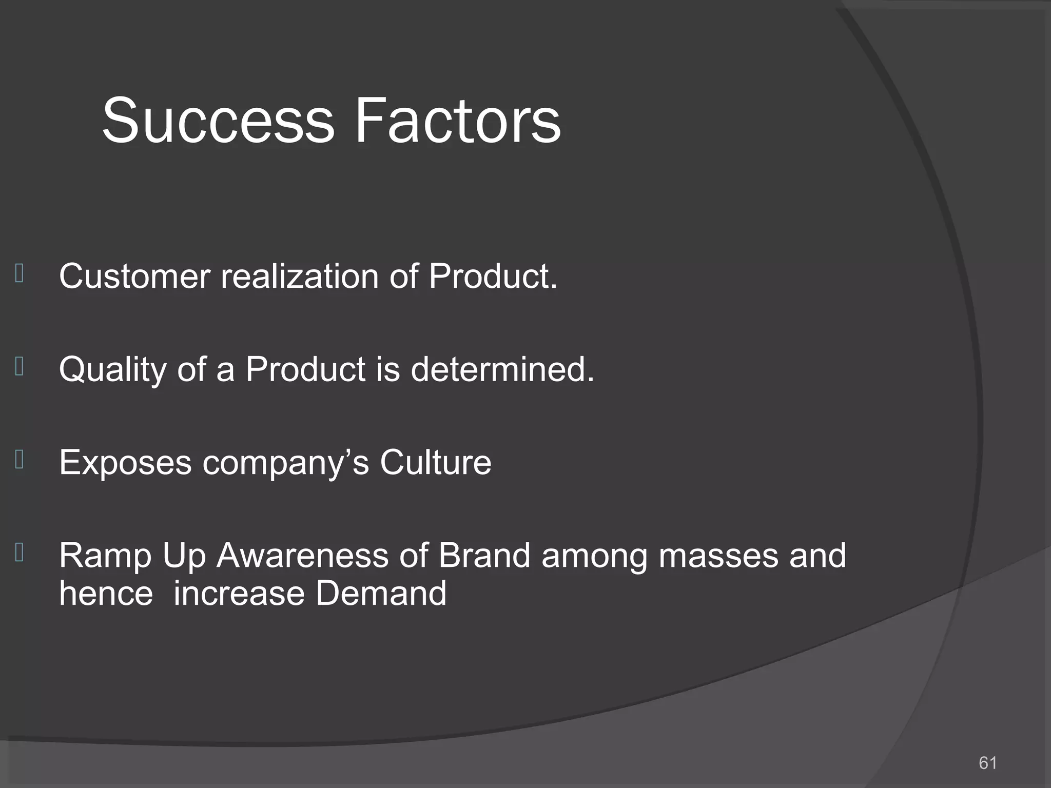Success Factors
 Customer realization of Product.
 Quality of a Product is determined.
 Exposes company’s Culture
 Ramp Up Awareness of Brand among masses and
hence increase Demand
61
 