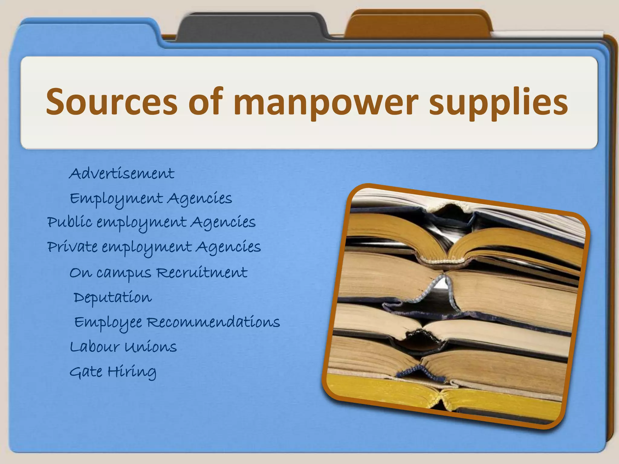 Sources of manpower supplies
   Advertisement
   Employment Agencies
Public employment Agencies
Private employment Agencies
   On campus Recruitment
    Deputation
    Employee Recommendations
   Labour Unions
   Gate Hiring
 