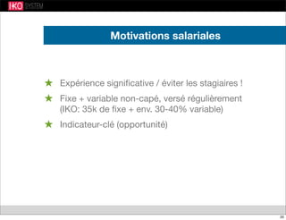 Motivations salariales
★ Expérience signiﬁcative / éviter les stagiaires !
★ Fixe + variable non-capé, versé régulièrement
(IKO: 35k de ﬁxe + env. 30-40% variable)
★ Indicateur-clé (opportunité)
20
 