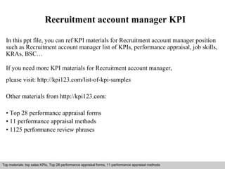 Recruitment account manager KPI 
In this ppt file, you can ref KPI materials for Recruitment account manager position 
such as Recruitment account manager list of KPIs, performance appraisal, job skills, 
KRAs, BSC… 
If you need more KPI materials for Recruitment account manager, 
please visit: http://kpi123.com/list-of-kpi-samples 
Other materials from http://kpi123.com: 
• Top 28 performance appraisal forms 
• 11 performance appraisal methods 
• 1125 performance review phrases 
Top materials: top sales KPIs, Top 28 performance appraisal forms, 11 performance appraisal methods 
Interview questions and answers – free download/ pdf and ppt file 
 