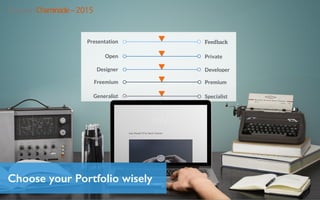 Presentation Feedback
Open Private
Generalist Specialist
Freemium Premium
Designer Developer
Choose your Portfolio wisely
Benjamin Chaminade – 2015
 
