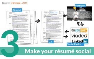 3 Make your résumé social
CV
www.monportfolio/julien
www.linkedin.com/julien
Résumé
CV
Portfolio
Social Media
Benjamin Chaminade – 2015
 