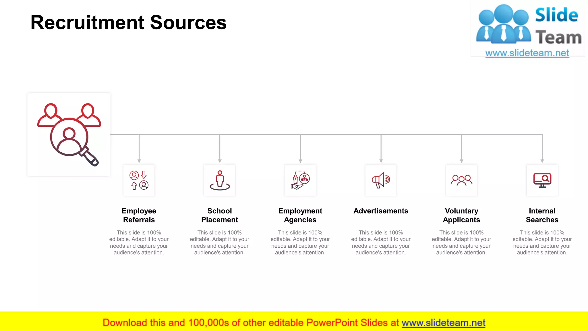 Recruitment Sources
9
Employee
Referrals
This slide is 100%
editable. Adapt it to your
needs and capture your
audience's attention.
School
Placement
This slide is 100%
editable. Adapt it to your
needs and capture your
audience's attention.
Employment
Agencies
This slide is 100%
editable. Adapt it to your
needs and capture your
audience's attention.
Advertisements
This slide is 100%
editable. Adapt it to your
needs and capture your
audience's attention.
Voluntary
Applicants
This slide is 100%
editable. Adapt it to your
needs and capture your
audience's attention.
Internal
Searches
This slide is 100%
editable. Adapt it to your
needs and capture your
audience's attention.
 