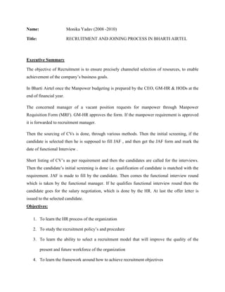 Recruitment and joining process in bharti airtel | DOCX