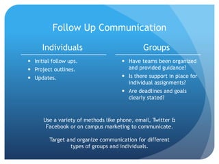 Follow Up Communication
Individuals
 Initial follow ups.
 Project outlines.
 Updates.
Groups
 Have teams been organized
and provided guidance?
 Is there support in place for
individual assignments?
 Are deadlines and goals
clearly stated?
Use a variety of methods like phone, email, Twitter &
Facebook or on campus marketing to communicate.
Target and organize communication for different
types of groups and individuals.
 