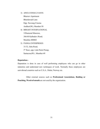 3) APEX CONSULTANTS
       Bhairavi Apartment
       Bhardawadi Lane
       Opp. Navrang Cinema
       Andheri(W), Mumbai-58
   4) BRIGHT INTERNATIONAL
       3/Diamond Mansion,
       366/68 Kalbadevi Road,
       Mumbai-400002
   5) PASHA ENTERPRISES
       31/32, Juhu Road,
       5th floor, opp. Lido Petrol Pump,
       Santacruz(W) , Mumbai-49


Deputation:-
Deputation is done in case of well performing employees who can go in other
industries and understand new techniques of work. Normally these employees are
sent abroad countries such as U.S.A., Dubai, Norway etc.


          Other external sources such as Professional Associations, Raiding or
Poaching, Word-of-mouth are not used by the organization.




                                           51
 