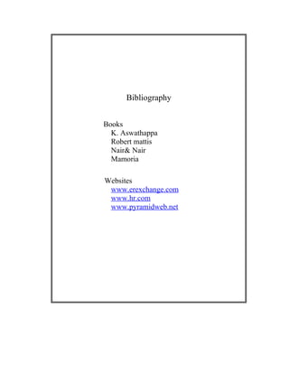 Bibliography


Books
  K. Aswathappa
  Robert mattis
  Nair& Nair
  Mamoria

Websites
 www.erexchange.com
 www.hr.com
 www.pyramidweb.net
 
