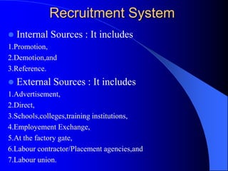 Recruitment System
   Internal Sources : It includes
1.Promotion,
2.Demotion,and
3.Reference.
   External Sources : It i...