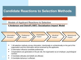 Candidate Reactions to Selection Methods
 Candidate Reactions to Selection Methods


      Models of Applicant Reactions to Selection
      4 Anderson and Ostroff (1997) ‘Socialization Impact’ Model



     Information          Preference            Expectation           Attudinal              Behavioural
     Provision            Impact                Impact                Impact                 Impact




          1 All selection methods convey information, intentionally or unintentionally on the part of the
           organization and this information will be construed by the applicants.
          2 Information influence candidate preferences.
          3 Expectations are generated on the job role, the organization as an employer, psychological
           contract.
          4 Candidate attitudes and beliefs are affected.
17        5 Candidate behaviour is affected.
 