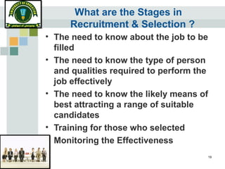 19
What are the Stages in
Recruitment & Selection ?
• The need to know about the job to be
filled
• The need to know the type of person
and qualities required to perform the
job effectively
• The need to know the likely means of
best attracting a range of suitable
candidates
• Training for those who selected
• Monitoring the Effectiveness
 