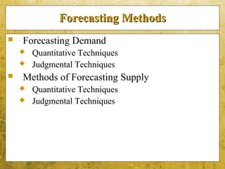 5-5
Forecasting MethodsForecasting Methods
 Forecasting Demand
 Quantitative Techniques
 Judgmental Techniques
 Methods of Forecasting Supply
 Quantitative Techniques
 Judgmental Techniques
 