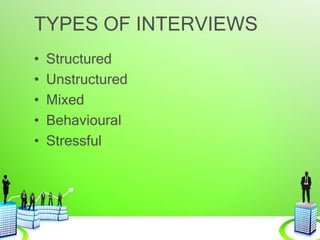 TYPES OF INTERVIEWS
• Structured
• Unstructured
• Mixed
• Behavioural
• Stressful
 