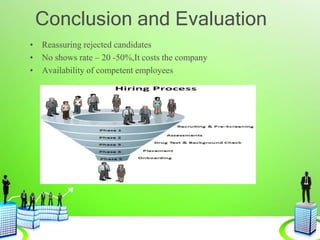 Conclusion and Evaluation
• Reassuring rejected candidates
• No shows rate – 20 -50%,It costs the company
• Availability of competent employees
 