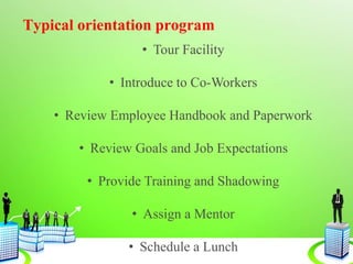 Typical orientation program
• Tour Facility
• Introduce to Co-Workers
• Review Employee Handbook and Paperwork
• Review Goals and Job Expectations
• Provide Training and Shadowing
• Assign a Mentor
• Schedule a Lunch
 
