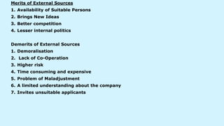 Merits of External Sources
1. Availability of Suitable Persons
2. Brings New Ideas
3. Better competition
4. Lesser internal politics
Demerits of External Sources
1. Demoralisation
2. Lack of Co-Operation
3. Higher risk
4. Time consuming and expensive
5. Problem of Maladjustment
6. A limited understanding about the company
7. Invites unsuitable applicants
 