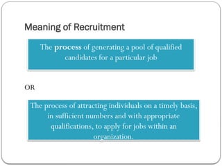 Meaning of Recruitment
OR
The process of generating a pool of qualified
candidates for a particular job
The process of attracting individuals on a timely basis,
in sufficient numbers and with appropriate
qualifications, to apply for jobs within an
organization.
 