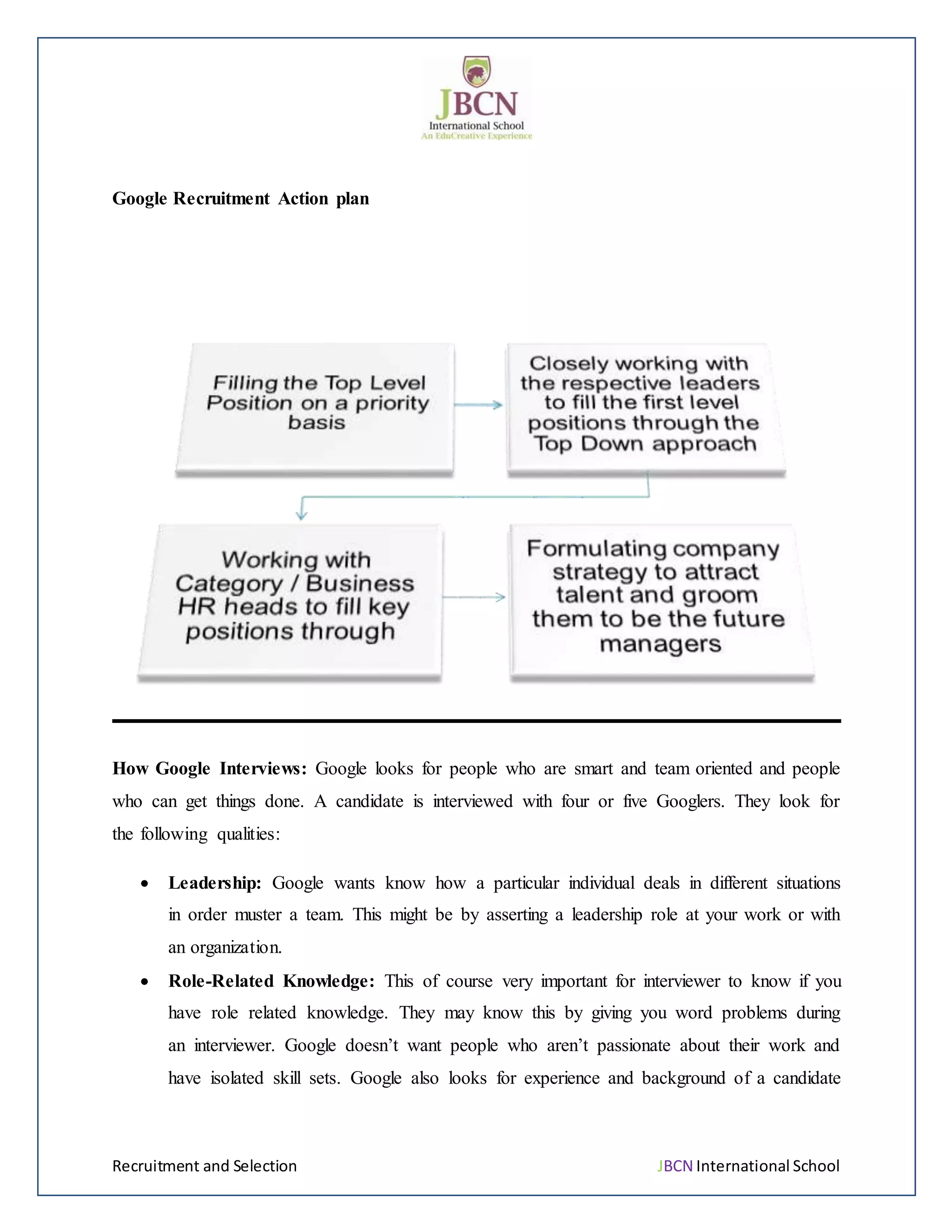 Recruitment and Selection JBCN International School
Google Recruitment Action plan
How Google Interviews: Google looks for people who are smart and team oriented and people
who can get things done. A candidate is interviewed with four or five Googlers. They look for
the following qualities:
 Leadership: Google wants know how a particular individual deals in different situations
in order muster a team. This might be by asserting a leadership role at your work or with
an organization.
 Role-Related Knowledge: This of course very important for interviewer to know if you
have role related knowledge. They may know this by giving you word problems during
an interviewer. Google doesn’t want people who aren’t passionate about their work and
have isolated skill sets. Google also looks for experience and background of a candidate
 