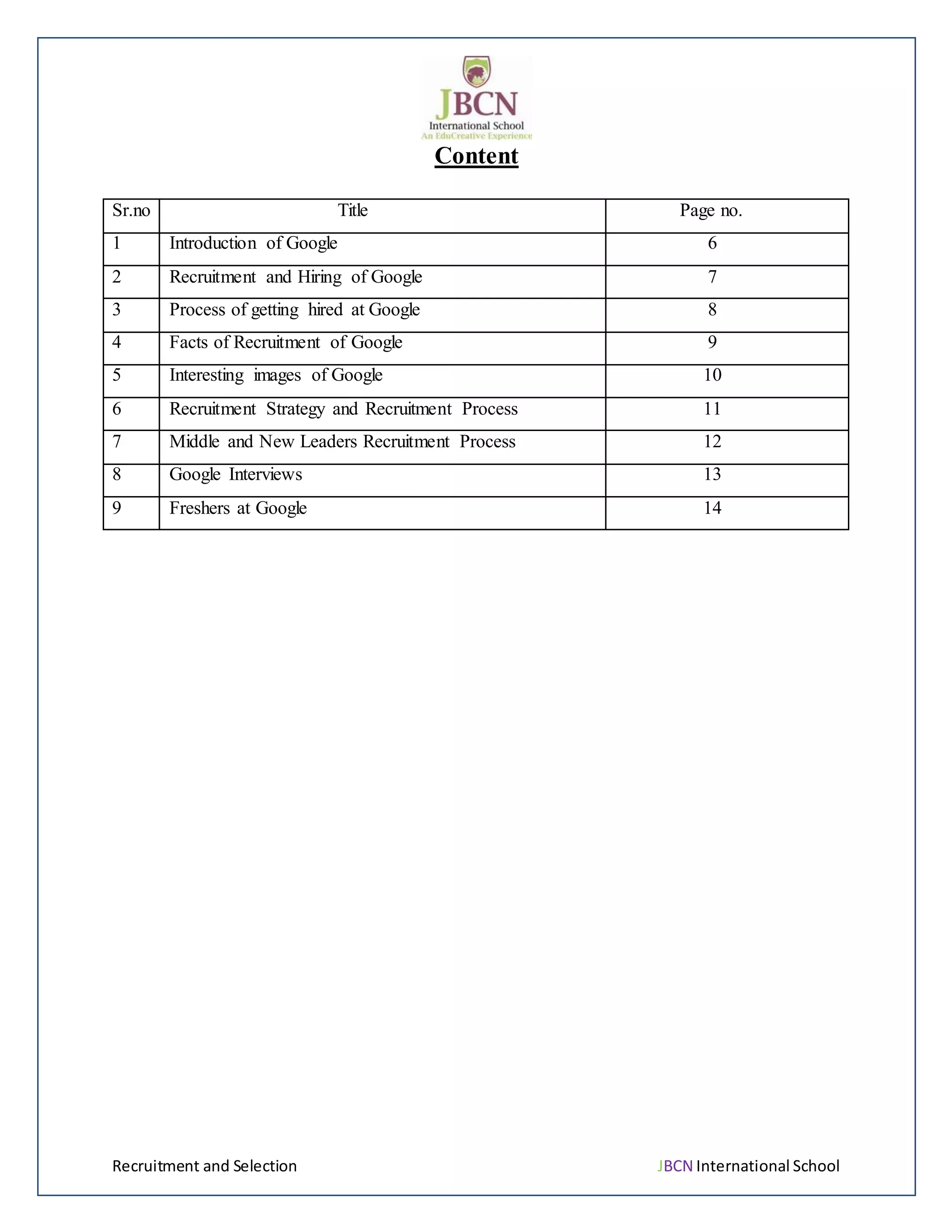 Recruitment and Selection JBCN International School
Content
Sr.no Title Page no.
1 Introduction of Google 6
2 Recruitment and Hiring of Google 7
3 Process of getting hired at Google 8
4 Facts of Recruitment of Google 9
5 Interesting images of Google 10
6 Recruitment Strategy and Recruitment Process 11
7 Middle and New Leaders Recruitment Process 12
8 Google Interviews 13
9 Freshers at Google 14
 