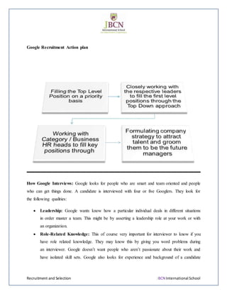 Recruitment and Selection JBCN International School
Google Recruitment Action plan
How Google Interviews: Google looks for people who are smart and team oriented and people
who can get things done. A candidate is interviewed with four or five Googlers. They look for
the following qualities:
 Leadership: Google wants know how a particular individual deals in different situations
in order muster a team. This might be by asserting a leadership role at your work or with
an organization.
 Role-Related Knowledge: This of course very important for interviewer to know if you
have role related knowledge. They may know this by giving you word problems during
an interviewer. Google doesn’t want people who aren’t passionate about their work and
have isolated skill sets. Google also looks for experience and background of a candidate
 