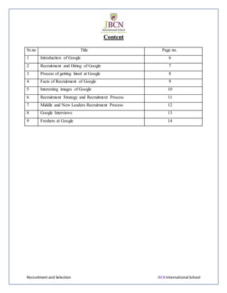Recruitment and Selection JBCN International School
Content
Sr.no Title Page no.
1 Introduction of Google 6
2 Recruitment and Hiring of Google 7
3 Process of getting hired at Google 8
4 Facts of Recruitment of Google 9
5 Interesting images of Google 10
6 Recruitment Strategy and Recruitment Process 11
7 Middle and New Leaders Recruitment Process 12
8 Google Interviews 13
9 Freshers at Google 14
 