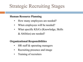 Strategic Recruiting Stages
Human Resource Planning
• How many employees are needed?
• When employees will be needed?
• What specific KSA’s (Knowledge, Skills
& Abilities) are needed?
Organizational Responsibilities
• HR staff & operating managers
• Recruiting presence and image
• Training of recruiters
 
