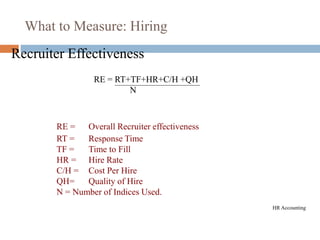 What to Measure: Hiring
Recruiter Effectiveness
RE = RT+TF+HR+C/H +QH
N
RE = Overall Recruiter effectiveness
RT = Response Time
TF = Time to Fill
HR = Hire Rate
C/H = Cost Per Hire
QH= Quality of Hire
N = Number of Indices Used.
HR Accounting
 