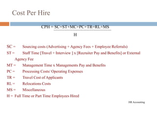Cost Per Hire
SC = Sourcing costs (Advertising + Agency Fees + Employee Referrals)
ST = Staff Time [Travel + Interview ] x [Recruiter Pay and Benefits] or External
Agency Fee
MT = Management Time x Managements Pay and Benefits
PC = Processing Costs/ Operating Expenses
TR = Travel Cost of Applicants
RL = Relocations Costs
MS = Miscellaneous
H = Full Time or Part Time Employees Hired
CPH = SC+ST+MC+PC+TR=RL+MS
H
HR Accounting
 