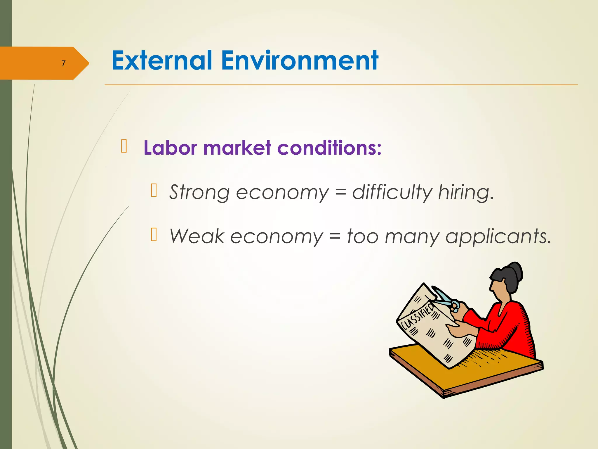 External Environment
 Labor market conditions:
 Strong economy = difficulty hiring.
 Weak economy = too many applicants.
7
 