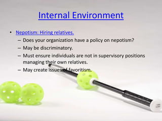 Internal Environment
• Nepotism: Hiring relatives.
– Does your organization have a policy on nepotism?
– May be discriminatory.
– Must ensure individuals are not in supervisory positions
managing their own relatives.
– May create issues of favoritism.

 