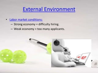 External Environment
• Labor market conditions:
– Strong economy = difficulty hiring.
– Weak economy = too many applicants.

 