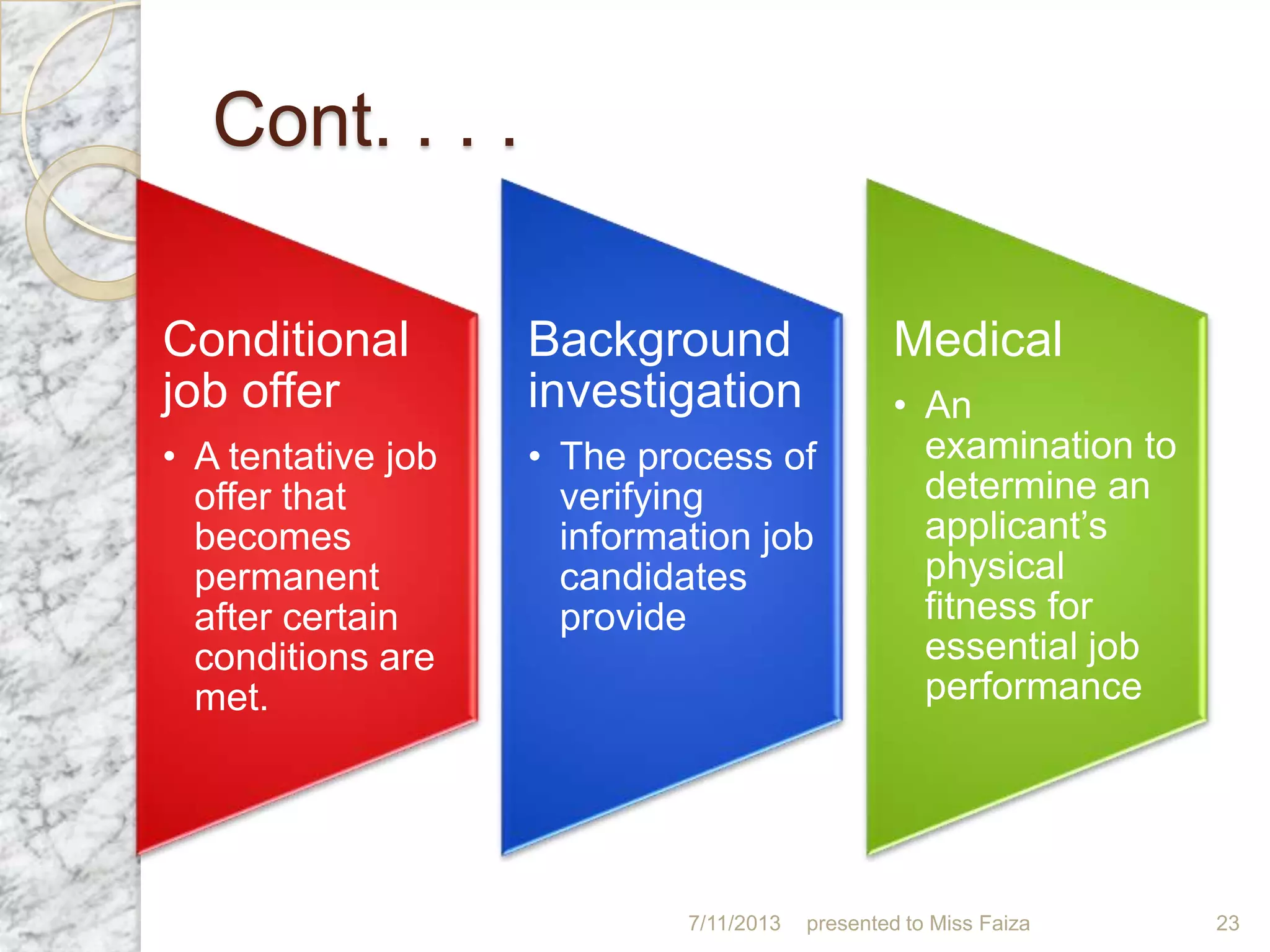 Cont. . . .
Conditional
job offer
• A tentative job
offer that
becomes
permanent
after certain
conditions are
met.
Background
investigation
• The process of
verifying
information job
candidates
provide
Medical
• An
examination to
determine an
applicant’s
physical
fitness for
essential job
performance
7/11/2013 presented to Miss Faiza 23
 
