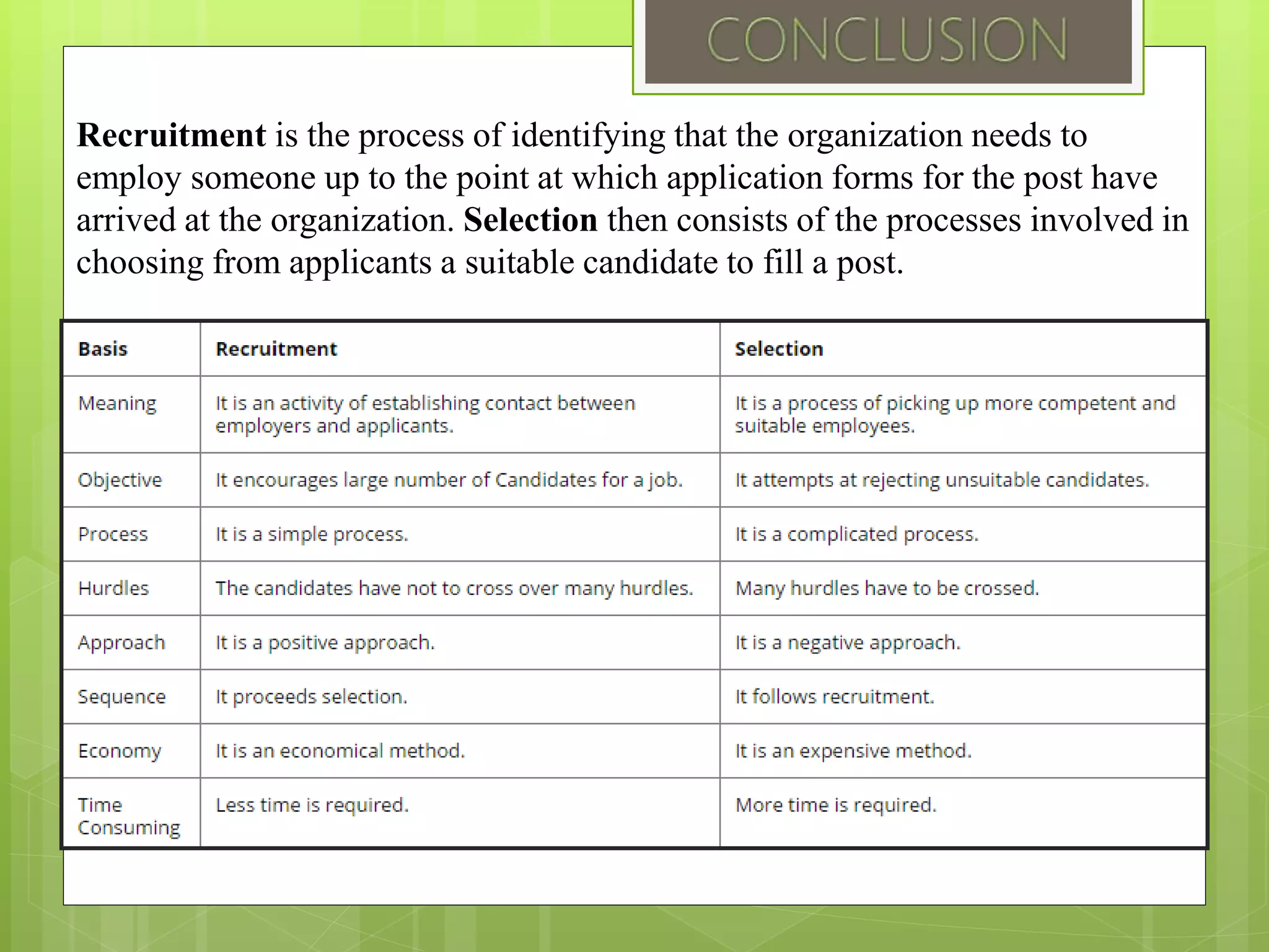 Recruitment is the process of identifying that the organization needs to
employ someone up to the point at which application forms for the post have
arrived at the organization. Selection then consists of the processes involved in
choosing from applicants a suitable candidate to fill a post.
 