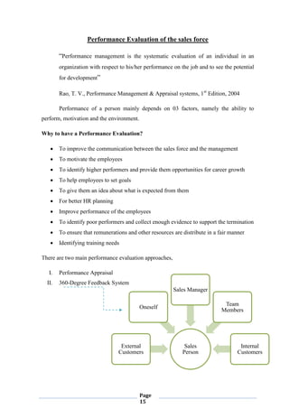Page
15
Sales
Person
External
Customers
Oneself
Sales Manager
Team
Members
Internal
Customers
Performance Evaluation of the sales force
“Performance management is the systematic evaluation of an individual in an
organization with respect to his/her performance on the job and to see the potential
for development”
Rao, T. V., Performance Management & Appraisal systems, 1st
Edition, 2004
Performance of a person mainly depends on 03 factors, namely the ability to
perform, motivation and the environment.
Why to have a Performance Evaluation?
 To improve the communication between the sales force and the management
 To motivate the employees
 To identify higher performers and provide them opportunities for career growth
 To help employees to set goals
 To give them an idea about what is expected from them
 For better HR planning
 Improve performance of the employees
 To identify poor performers and collect enough evidence to support the termination
 To ensure that remunerations and other resources are distribute in a fair manner
 Identifying training needs
There are two main performance evaluation approaches,
I. Performance Appraisal
II. 360-Degree Feedback System
 