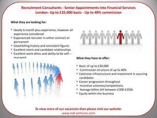 Recruitment Consultants - Senior Appointments into Financial Services
                London- Up to £35,000 basic - Up to 40% commission

What they are looking for:

• Ideally 6 month plus experience, however all
  experience considered
• Experienced recruiter in either contract or
  permanent
• Good billing history and consistent figures
• Excellent client and candidate relationships
• Excellent work ethos and ability to be self –
  managed                                         What they have to offer:

                                                  • Basic of up to £30,000
                                                  • Commission structure of up to 40%
                                                  • Extensive infrastructure and investment in sourcing
                                                      candidates
                                                  •   Career progression throughout
                                                  •   Incentive schemes/competitions
                                                  •   Average billers bill between £300-£350k
                                                  •   Equity within the business



                  To view more of our vacancies then please visit our website:
                                    www.red-ventures.com
 