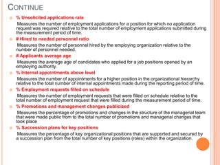 Continue % Unsolicited applications rate      Measures the number of employment applications for a position for which no application request was required relative to the total number of employment applications submitted during the measurement period of time.# Hired to needed personnel ratio      Measures the number of personnel hired by the employing organization relative to the number of personnel needed. # Applicants average age      Measures the average age of candidates who applied for a job positions opened by an employing authority.% Internal appointments above level      Measures the number of appointments for a higher position in the organizational hierarchy relative to the total number of internal appointments made during the reporting period of time. % Employment requests filled on schedule      Measures the number of employment requests that were filled on schedule relative to the total number of employment request that were filled during the measurement period of time.  % Promotions and management changes publicized      Measures the percentage of promotions and changes in the structure of the managerial team that were made public from to the total number of promotions and managerial changes that took place% Succession plans for key positions      Measures the percentage of key organizational positions that are supported and secured by a succession plan from the total number of key positions (roles) within the organization.