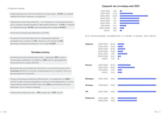 8 9
Средний чек за январь-май 2021
1000-2000
2000-3000
3000-4000
4000-5000
5000-6000
6000-7000
7000-8000
8000-10000
10000+
1,9%
11,3%
24,5%
17%
17%
17%
5,7%
3,8%
1,9%
Если проанализировать распределение по странам, то выходит такая картина:
Украина:
Россия:
Беларусь:
2000-3000
3000-4000
4000-5000
5000-6000
6000-7000
7000-10000
10000+
16,6%
13,8%
19,4%
13,8%
25%
8,3%
3,1%
3000-4000
5000-6000
7000-8000
10000+
33,4%
44,4%
11,1%
11,1%
3000-4000 100%
Эстония: 7000-8000 100%
UK: 2000-3000 100%
Казахстан: 3000-4000
5000-6000
50%
50%
Условия оплаты
•	 Наиболее распространенный ответ - вариации 50% суммы
при выходе кандидата на работу и 50% после прохождения
испытательного срока (54,5%);
•	 Большинство респондентов уточнило, что испытательный срок
3 месяца (52,6%) и в случае непрохождения его вторая часть не
выплачивается клиентом;
•	 Только несколько компаний обозначило, что работают по 100%
оплате в день выхода кандидата и деньги не возвращают в случае
гарантийной замены (23,8%). При этом 50% компаний из России
работают по по такому подходу;
•	 Также были вариации как - 70% суммы до и 30% после.
По другим странам:
•	 Среди белорусских агентств наиболее частый ответ - 10-12% от годовой
заработной платы наемного сотрудника;
•	 1 Британское агентство отметило - что % зависит от типа рекрутинговых
услуг, которые предоставляются. Массовый рекрутинг - 1-1,5% от годовой
з.п. Прямой хантинг 10-15%, для менеджерских позиций 16-20%;
•	 Агентства из Казахстана работают по 12-15%;
•	 Российские агентства работают по совершенно разным
условиям. Есть сегмент до 12%. Также тех, кто только по 15%.
Несколько компаний упомянуло, что их рейт 12-20%.
 
