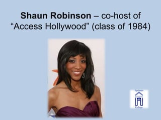 Shaun Robinson – co-host of
“Access Hollywood” (class of 1984)
 