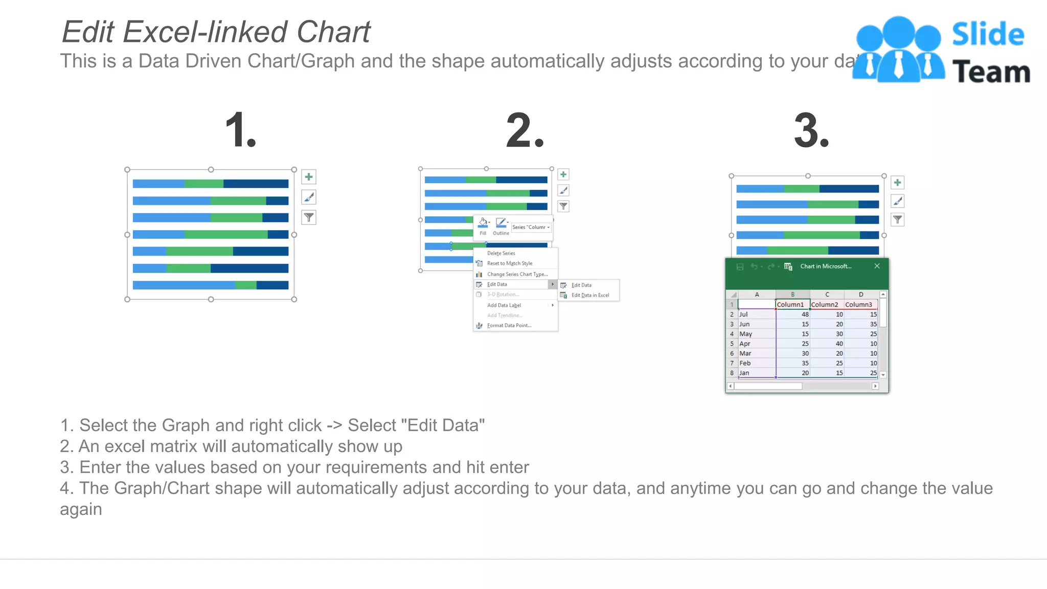 1. Select the Graph and right click -> Select "Edit Data"
2. An excel matrix will automatically show up
3. Enter the values based on your requirements and hit enter
4. The Graph/Chart shape will automatically adjust according to your data, and anytime you can go and change the value
again
Edit Excel-linked Chart
This is a Data Driven Chart/Graph and the shape automatically adjusts according to your data
1 2 3