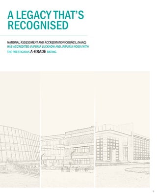 A LEGACY THAT’S
RECOGNISED
NATIONAL ASSESSMENT AND ACCREDITATION COUNCIL (NAAC)
A-GRADE
HAS ACCREDITED JAIPURIA LUCKNOW AND JAIPURIA NOIDA WITH
THE PRESTIGIOUS RATING.
9
 