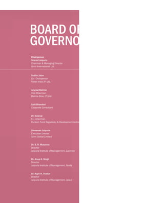 Chairperson
Sharad Jaipuria
Chairman & Managing Director
Ginni International Ltd.
Vice Chariperson
Anjali Jaipuria
Educationist
Salil Bhandari
Corporate Consultant
Dr. Kamal Gupta
Corporate Consultant
Former Technical Director, ICAI
Kashi N. Memani
Former Chairman & Country Managing Partner
Ernst & Young, India
Dr. Swarup
Ex - Chairman
Pension Fund Regulatory & Development Authority
Dr. Pritam Singh
Director General, IMI, New Delhi
Former Director, MDI and IIM, Lucknow
Shreevats Jaipuria
Executive Director
Ginni Global Limited
Dr. J. D. Singh
Director General
Jaipuria Institute of Management
Dr. S. R. Musanna
Director
Jaipuria Institute of Management, Lucknow
Dr. Jai Prakash Upadhyay
Director
Jaipuria Institute of Management, Indore
Dr. Rajiv R. Thakur
Director
Jaipuria Institute of Management, Jaipur
Nominee, State Government
Nominee, AICTE, New Delhi
BOARD OF
GOVERNORS
Sudhir Jalan
Co - Chairperson
Rieter India (P) Ltd.
Ravi Jhunjhunwala
Chairman
LNJ Bhilwara Group
Anurag Dalmia
Vice Chairman
Dalmia Bros. (P) Ltd.
S. S. Kohli
Former CMD
India Infrastructure Finance Company Ltd. and
Punjab National Bank
Dr. Anup K. Singh
Director
Jaipuria Institute of Management, Noida
11
 