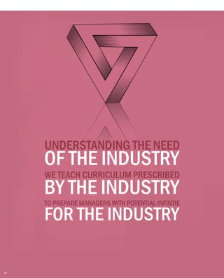 UNDERSTANDING THE NEED
OF THE INDUSTRY
WE TEACH CURRICULUM PRESCRIBED
BY THE INDUSTRY
TO PREPARE MANAGERS WITH POTENTIAL INFINTIE
FOR THE INDUSTRY
16
 