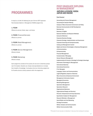 Accounting and Finance Management
Accounting for Decision Making
Analysis of Macro Economic Environment and Policy
Business Communication & Self Development
Business Law
Business of English
Business Statistics and Research Methods
Consumer Behaviour
Corporate Business Strategy
Corporate Strategy: Implementation and Governance
Corporate Venturing and Entrepreneurship
Costing and Management Control
Digital and Internet Technologies in Business Management
e-Communications
Entrepreneurship
Financial Management
Fundamentals of Managing
Human Resource Management
Implementation & Control of Strategy for Strategic Advantage
Information Technology for Management
International Business
International Economics
IT for Managers
Language, Culture and Communications
Legal & Regulatory Aspects of Business
Macro Economics & Business Environment
Management Information System
Managerial Economics
Marketing Management
Operations Management
Operations Research
Organisational Behaviour
Organizational Design and Structure
Personal, Interpersonal and Group Dynamics
Quantitative Analysis for Management
Research Methods in Management
Social Media and Viral Marketing
Strategy Formulation
Written Analysis and Communication
Written Communication Skills
POST GRADUATE DIPLOMA
IN MANAGEMENT
At Jaipuria, we offer the following two year full time AICTE approved
Post Graduate Diploma in Management (PGDM) programmes.
1. PGDM
Offered at Lucknow, Noida, Jaipur and Indore
2. PGDM (Financial Services)
Offered at Lucknow
3. PGDM (Retail Management)
Offered at Lucknow
4. PGDM (Service Management)
Offered at Noida
5. PGDM (Marketing)
Offered at Noida
Each programme consists of 35 courses (23 core and 12 electives) spread
over 6 trimesters. Students can choose dual specialisations to increase
their breadth of knowledge. A compulsory Summer Internship programme
for 8 weeks ensures industry exposure within the programme
JAIPURIA LUCKNOW, NOIDA
JAIPUR AND INDOREPROGRAMMES
17
*Core Courses
*The pool of core courses is indicative. It may vary from campus to campus
 