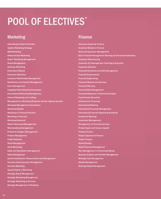 Advertising & Sales Promotion
Applied Marketing Strategy
B2B Marketing
Below-the-line Marketing
Brand Marketing Management
Brand Management
Business Marketing
Channels to Market
Consumer Behaviour
Customer Relationship Management
Distribution and Channel Management
Event Management
Integrated Marketing Communication
International Marketing Management
Internet Marketing and e-tailing
Management of Marketing Research and Ad. Agency Services
Managing Management Consultancy
Marketing Models
Marketing of Financial Services
Marketing of Services
Marketing Research
Media Planning & Management
Merchandising Management
Product & Category Management
Product Management
Public Relations
Retail Management
Rural Marketing
Sales and Distribution Management
Sales Management
Service Satisfaction: Measurement and Management
Services Communication Management
Services Marketing
Special Topics in Marketing
Strategic Brand Management
Strategic Marketing Management
Strategic Marketing of Services
Strategy Management of Retailing
Marketing
*
POOL OF ELECTIVES
Advanced Corporate Finance
Analytical Models in Finance
Bank and Insurance Management
Bank Financial Management Banking and Financial Institutions
Corporate Restructuring
Corporate Tax Management: Planning & Execution
Corporate Valuation
Financial Derivatives and Risk Management
Financial Econometrics
Financial Engineering
Financial Markets and Services
Financial Planning
Financial Risk Management
Financial Statement: Practices & Analysis
Fixed Income Securities
Infrastructure Financing
International Banking
International Financial Management
International Financial Reporting Standards
Investment Banking
Investment Management
Management of Financial Services
Private Equity and Venture Capital
Process Finance
Project Appraisal & Finance
Project Finance
Retail Banking
Retail Financial Management
Risk Management in Commercial Banks
Security Analysis and Portfolio Management
Strategic Cost Management
Wealth Management
Working Capital Management
Finance
20
 