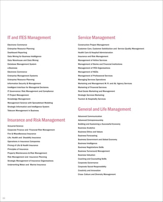 Electronic Commerce
Enterprise Resource Planning
Dashboard Reporting
Data Mining for Business Intelligence
Data Warehouse and Data Mining
Database Management System
e-Business
Electronic Commerce
Enterprise Management Systems
Enterprise Resource Planning
Information Security & Management
Intelligent Interface for Managerial Decisions
IT Governance: Risk Management and Compliance
IT Project Management
Knowledge Management
Management Science with Spreadsheet Modeling
Strategic Information and Intelligence System
Telecom Management in Business
IT and ITES Management
Actuarial Science
Corporate Finance and Financial Risk Management
Fire & Miscellaneous Insurance
Life, Health and Disability Insurance
Operations in Insurance Companies
Pricing of Life & Health Insurance
Principles of Insurance
Property Maintenance & Risk Management
Risk Management and Insurance Planning
Strategic Management of Insurance Organisations
Underwriting Motor and Marine Insurance
Insurance and Risk Management
Construction Project Management
Customer Care, Customer Satisfaction and Service Quality Management
Health Care & Hospital Administration
Insurance and Risk Management
Management of Airline Services
Management of Banks and Financial Institutions
Management of ITES Organisations
Management of NGOs
Management of Professional Services
Managing Services Operations
Marketing and Management M. R. and Ad. Agency Services
Marketing of Financial Services
Real Estate Marketing and Management
Strategic Services Marketing
Tourism & Hospitality Services
Service Management
Advanced Communication
Advanced Entrepreneurship
Building and Sustaining a Successful Economy
Business Analytics
Business Ethics and Values
Business Forecasting
Business Government and Global Economy
Business Intelligence
Business Negotiations Skills
Business Turnaround Management
Business Valuation
Coaching and Counseling Skills
Corporate Governance
Corporate Social Responsibility
Creativity and Innovation
Cross- Culture and Diversity Management
General and Life Management
22
 