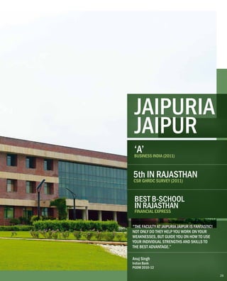"THE FACULTY AT JAIPURIA JAIPUR IS FANTASTIC!
NOT ONLY DO THEY HELP YOU WORK ON YOUR
WEAKNESSES, BUT GUIDE YOU ON HOW TO USE
YOUR INDIVIDUAL STRENGTHS AND SKILLS TO
THE BEST ADVANTAGE.”
Anuj Singh
Indian Bank
PGDM 2010-12
‘A’BUSINESS INDIA (2011)
BEST B-SCHOOL
IN RAJASTHAN
FINANCIAL EXPRESS
5th IN RAJASTHAN
CSR GHRDC SURVEY (2011)
29
JAIPURIA
JAIPUR
 