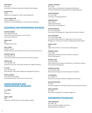 ECONOMICS AND INTERNATIONAL BUSINESS
MAHIMA SHARMA
Ph.D, UGC(NET)-JRF, MA
Public Finace, Macroeconomics, Indian Economy,
International Economics
MEGHA JAIN
MIB
Managerial Economics
Mohd. IRFAN
UGC(NET), M.Com
Managerial Economics, Macroeconomics and International Economics
PRABHAT PANKAJ
Ph.D, UGC(NET), MA
Econometrics, Environmental economics, Non-market valuation
PRERNA JAIN
Ph.D, UGC(NET), MA
Quantative Economics, Sustainable development, Regional Disparity
R K OJHA
Ph.D, UGC (NET), MA
Policy Analysis, Sustainable Development, Managerial economics
RITIKA GUGNANI
Ph.D, UGC (NET), MA, MBA
Corporate Governance, Macro economic policy issue
HUMAN RESOURCE AND
ORGANISATIONAL BEHAVIOUR
A. K. SINGH
Ph.D
Leadership
ABDUL QADIR
MBA
Leadership, HR-ERP, Performance Management System
ANURAG SHANKER
M.Sc, HRM
Human Resource Management, Organizational Behaviour,
Training & Development, Leadership & Team Building Research
ANVAY BHARGAVA
Ph.D, NET, MBA
Leadership, Change Management
ARINDAM SAHA
M.Psy, HRDM
Organisation Behaviour,
Human Resource Management
ATHAR MAHMOOD
Ph.D. (Pursuing), MBA
Human Resource Management, Organizational Behaviour Research
JAYA CHITRANSHI
Ph.D, UGC-JRF, MA, MBA
International HRM, Behaviour in Organizations, Cross–Cultural
Management, Creativity & Innovation, Designing Work Organizations
KANAK GUPTA
MBA
Organization Behaviour, Human Resource Management
MANEESH YADAV
LLM, PGDHR
Legal aspects of Capital market & corporate compliance,
Contract Management
MANISHA SETH
Ph.D, MA, PGDBA
HRM, Organisational Change for Development, Competency mapping
& Performance Management
PRADEEP KAUTISH
Ph.D, UGC(NET), MBA
Behavioural Consequences, Work life Balance Proposition
S R MUSANNA
Ph.D., MBA, LLB
Business Law, Industrial Relations, Negotiation & Arbitration
SHALINI SRIVASTAVA
Ph.D, MA
Employee Engagement, Managerial Effectiveness, Organisational Stress
SWATI AGRAWAL
Ph.D, MBA
Performance Management, Employee Engagement
INFORMATION TECHNOLOGY
ANKIT MEHROTRA
Ph.D, MBA, JCP
Data mining, MIS, Intelligent Interface for
Managerial Decisions Research
34
SUMI KHARE
Ph.D, M.Sc
Quantitative Techniques, Operations & Research Methodology
SUSMITA PAUL
PGDM
Supply Chain Management, TQM, Project Management
VINOD KUMAR CHIB
M.Tech, PGDBM & I.A., L.I.I.I.
Operations & Project Management, Customer Service Standards
 