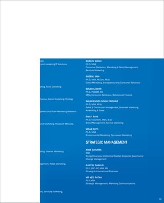 MARKETING
BANASREE DEY
Ph.D, MBA, PGDM
Tourism Marketing, Services Marketing, Rural Marketing
DEEPAK SINGH
Ph.D, MBA
Services Marketing, Consumer Behaviour, Green Marketing; Strategy
HIMANSHU MISHRA
Ph.D(Pursuing), UGC(NET), M.I.B.A.
Retail Management, Brand Management and Rural Marketing Research
KAVITA PATHAK
Ph.D, MBA
Marketing Management, International Marketing, Research Methods,
Consumer Behaviour
NARENDRA KUMAR SHARMA
Ph.D, MBA, AMFI, IRDA, SAS
Services, Sales, Branding
NIMIT GUPTA
UGC (NET), M.Phil, MBA
Permission Marketing, Bank Marketing, Internet Marketing
POONAM SHARMA
Ph.D, UGC (NET), MBA
Sensory Branding and Brand Management, Retail Marketing,
International Marketing
R. C. Gupta
MA
Marketing
REETI AGARWAL
Ph.D, UGC(NET), MA, PGDBA
Customer Relationship Management, Services Marketing,
Marketing Management
ROMI SAINY
Ph.D, MBA
Branding, Consumer Behaviour and Retail
S.GOSWAMI
Ph.D, MA, MMM
Knowledge Management, CRM, Brand management,
Competitive strategies
SANDHYA A. S.
Ph.D, MBA
Consumer Behaviour and Retailing
SHALINI NATH TRIPATHI
Ph.D, MBA
Marketing Management, Service Marketing
SHALINI SINGH
Ph.D, MBA
Consumer Behaviour, Marketing & Retail Management,
Services Marketing
SHEENU JAIN
Ph.D, MBA, M.Com, M.Sc
Green Marketing, Entrepreneurship Consumer Behaviour
SHUBHA JOHRI
Ph.D, PGDBM, MA
CRM, Consumer Behaviour, Behavioural Finance
SHUBHENDRA SINGH PARIHAR
Ph.D, MBA, M.Sc
Sales & Distribution Management, Business Marketing,
Advertising & Sales
SWATI SONI
Ph.D, UGC(NET), MBA, B.Sc
Brand Management, Service Marketing
VIKAS NATH
Ph.D, MBA
Environmental Marketing, Permission Marketing
STRATEGIC MANAGEMENT
AMIT SHARMA
MBA
Competitiveness, Intellectual Capital, Corporate Governance
Change Management
RAJIV R. THAKUR
Ph.D, UGC-JRF, MBA, MA
Strategy & International Business
VIR VED RATNA
Ph.D,MBA
Strategic Management, Marketing Communications
DURGANSH SHARMA
M.Phil, M.Sc, MCA, M.Tech
IT Applications
LALIT SHARMA
MCA
Information Technology
POOJA S. KUSHWAHA
MBA, MCA
Knowledge Management, Social Networking
S. K. PANDEY
Ph.D, MCA
DBMS, Information Discovery & Management, Data & Web mining
SANCHITA GHATAK
Ph.D(Pursuing), M.Sc, MCA, PGDM(IS)
MIS, e-Retailing, Oracle, Designing and marketing IT Solutions,
e-commerce
35
 