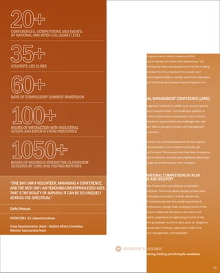 Jaipuria organizes an annual national conference on the generic
theme, Interdependence, Integration and Co-creation (IIC), focusing on
different areas every year at Lucknow. The conference is an initiative to
create a platform for Industry leaders, academicians, researchers,
decision makers from government, industry players and the
management students to interact and share their experiences. The
conference is an enriching and value adding experience for the budding
managers. It not only helps them to understand the present and
emerging challenges and opportunities in various sectors but also gives
them an opportunity to contribute and present research papers on a
larger forum.
IIC - THE NATIONAL CONFERENCE ON
INTERDEPENDENCE, INTEGRATION AND CO-CREATION
“ONE DAY I AM A VOLUNTEER, MANAGING A CONFERENCE,
AND THE NEXT DAY I AM TEACHING UNDERPRIVILEGED KIDS.
THAT'S THE BEAUTY OF JAIPURIA; IT CAN BE SO UNIQUELY
ACROSS-THE-SPECTRUM.”
Defni Prasad
PGDM 2011-13,
Class Representative, Head - Student Affairs Commitee,
Member Sponsorship Team
Jaipuria Lucknow
20+CONFERENCES, COMPETITIONS AND EVENTS
OF NATIONAL AND INTER-COLLEGIATE LEVEL
35+STUDENTS LED CLUBS
60+DAYS OF COMPULSORY SUMMER IMMERSION
100+HOURS OF INTERACTION WITH INDUSTRIAL
SETUPS AND EXPERTS FROM INDUSTRIES
1050+HOURS OF RIGOROUS INTERACTIVE CLASSROOM
SESSIONS BY CORE AND VISITING MENTORS
RECRUITER'S TAKEAWAY
Low investments in training, finishing and refining the candidates.
JAIPURIA’S ANNUAL ACTIVATIONS
ENCORE - THE NATIONAL COMPETITION ON PLAN
PRESENTATIONS AND DELIVERY
Encore, an annual Plan Presentation and Delivery competition
organized at Jaipuria Indore. The format allows people to show their
work and share their thoughts and ideas in a fairly relaxed way.
The students benefit tremendously with the overall experience of
learning details of contemporary design tools, emerging trends in the
corporate world and have intellectual discussions with peers and
seniors. The camaraderie, experience of organizing an event of this
grand scale, and working tirelessly round the clock gives an altogether
fresh perspective towards team building, organization skills, time
management, resource management, and hospitality.
JAIPURIA ANNUAL MANAGEMENT CONFERENCE (JAMC)
Jaipuria Annual Management Conference (JAMC) is an annual national
event that takes place at Jaipuria Noida. The conference platform is
developed such that both academicians and speakers from industry
could meet and deliberate on opportunities and challenges this new
segment of Generation Next is posing to industry and management
education in today’s scenario.
The three day conference is an enriching experience for the Jaipuria
students who not only participate in the conference but also get
involved in organizing the event. This ensures that they learn to organize
events of national level conference and also get enlightened about their
role in driving the change as the Generation Next managers.
43
 